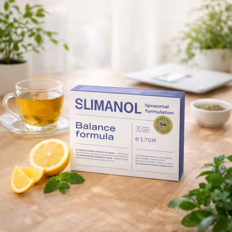 Slimanol vægttabs-kosttilskud med naturlige ingredienser på bord - L-Carnitin, L-Citrullin, vitaminer