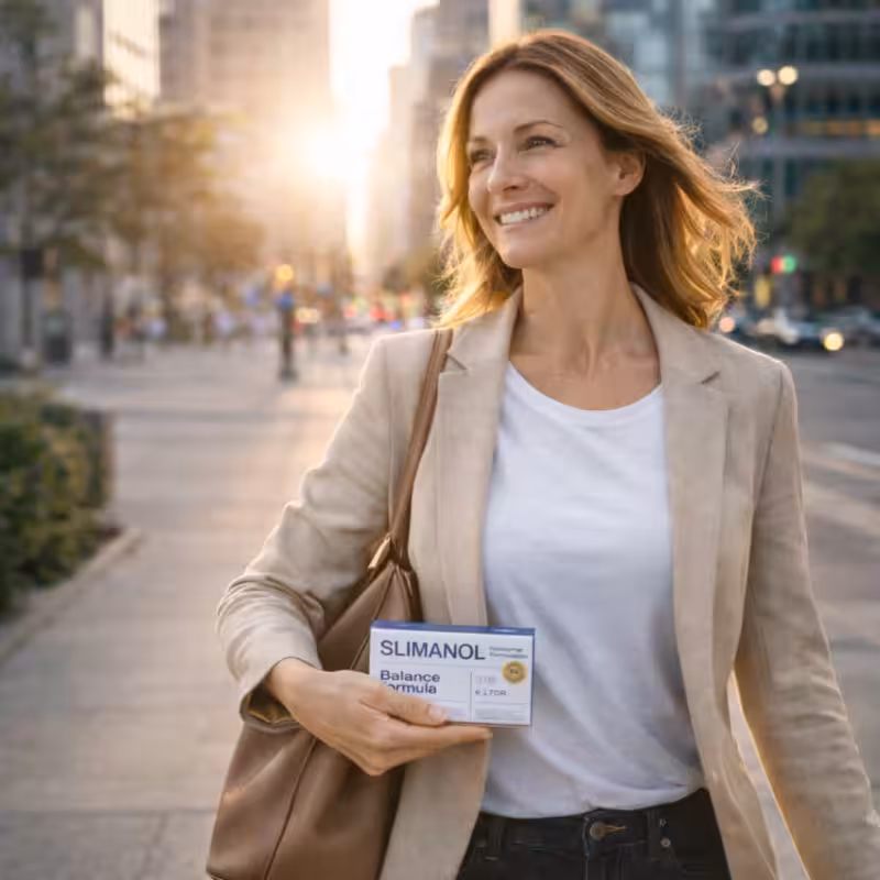 Kvinde tager Slimanol vægttabs-kosttilskud på vej til arbejde - Daglig rutine med naturligt supplement